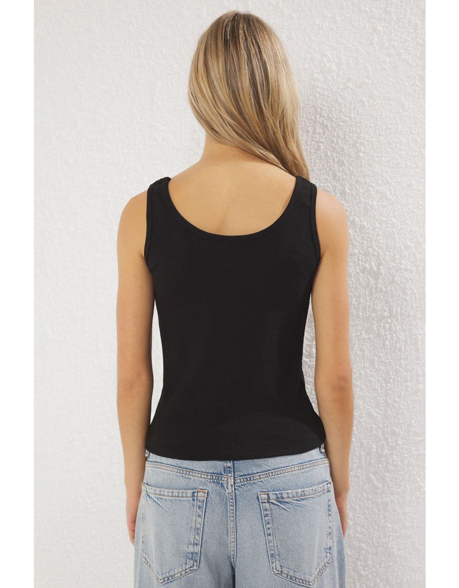 Black Embroidered Fitted/Body-Sit Pool Neck Ribbed Flexible Knitted Undershirt - 3