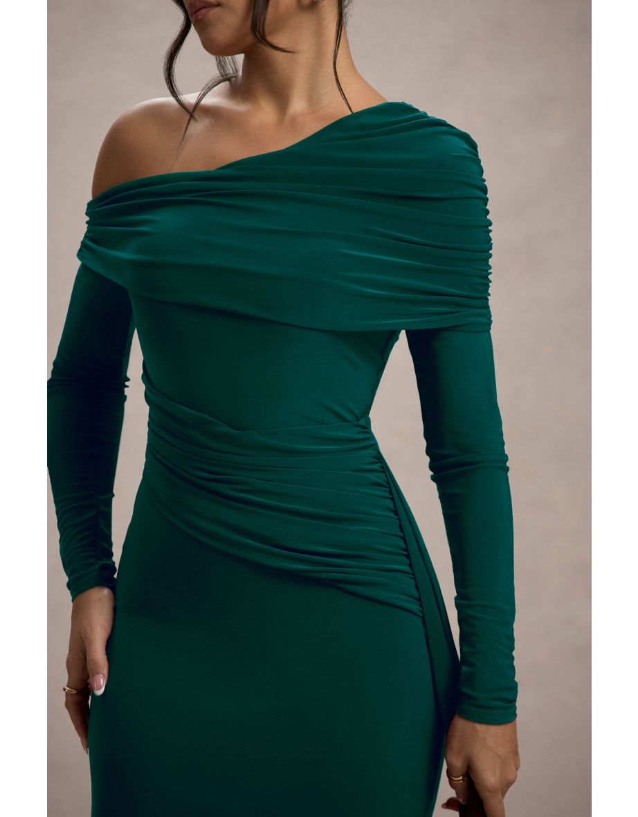 Valina | Green Ruched Asymmetric Maxi Dress With Drape - 6