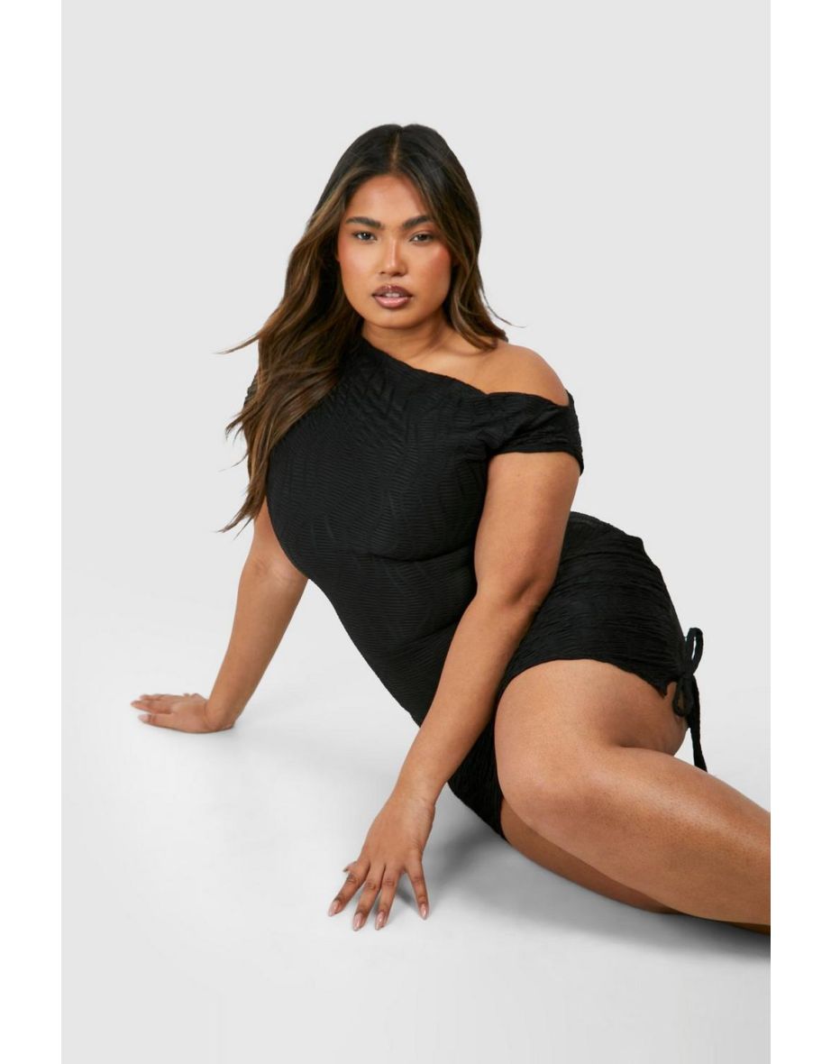 Plus Slash Neck Textured Rib Mini Dress - black - 3