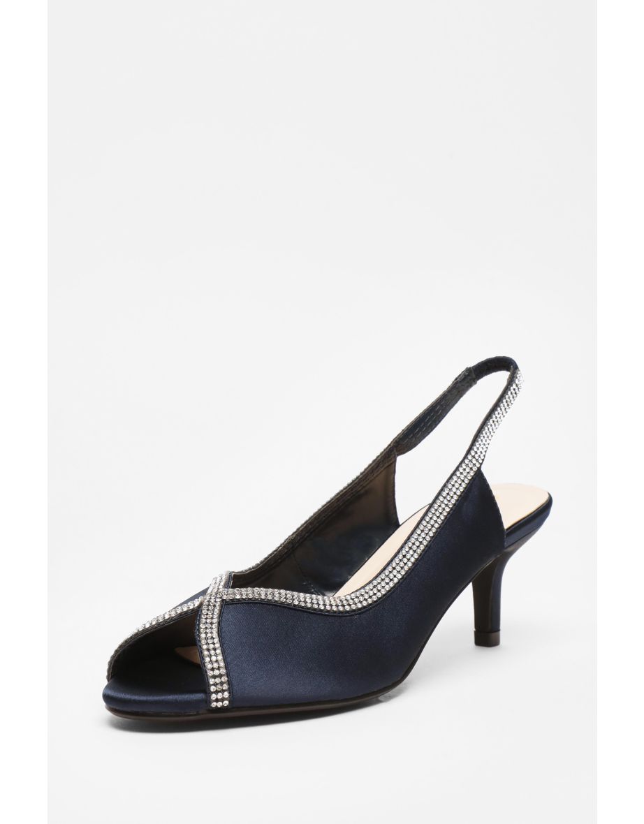 Shop Navy Satin Diamante Low Heeled Slingback Heels Online in Oman VogaCloset