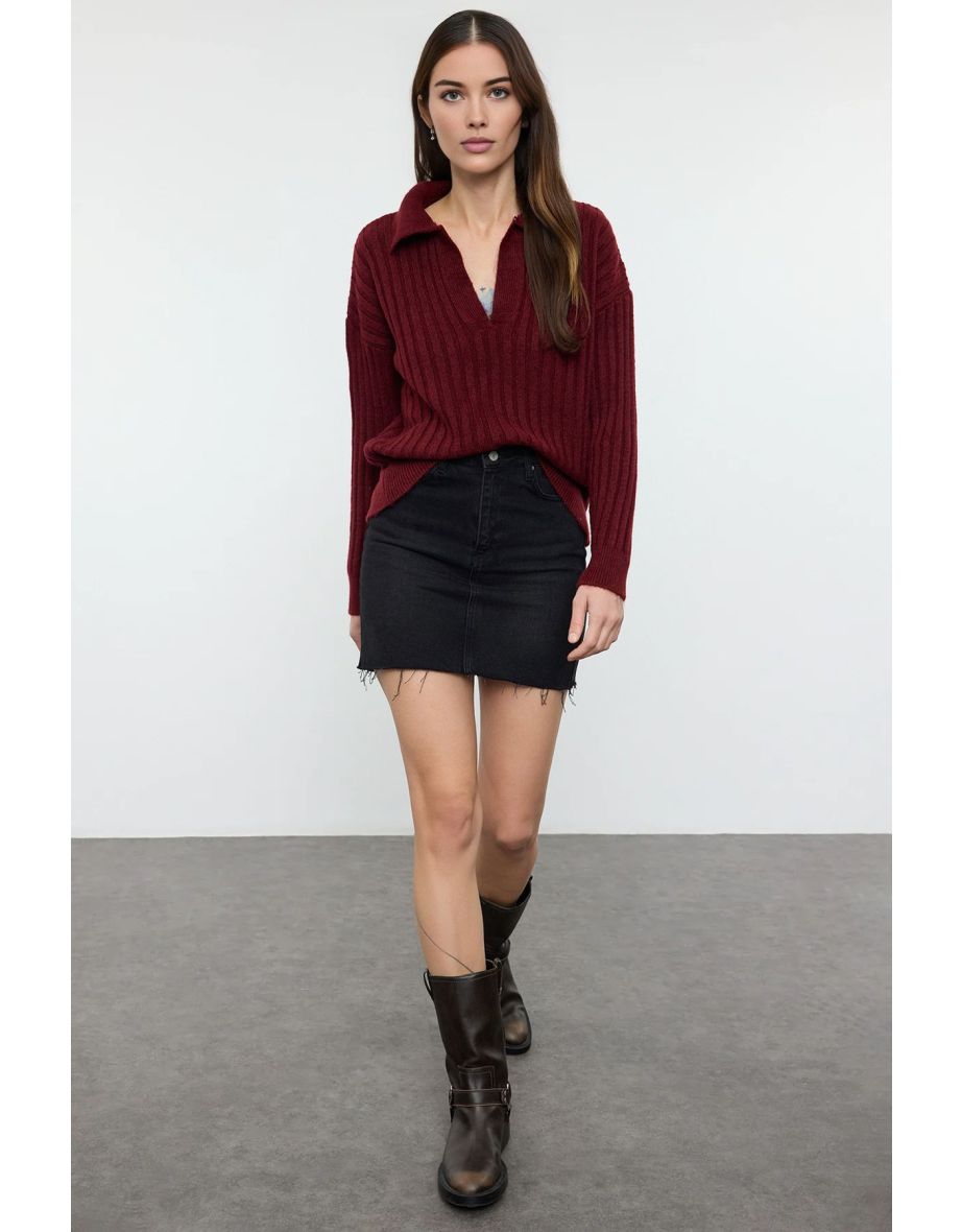 Claret Red Soft Texture Polo Neck Knitwear Sweater