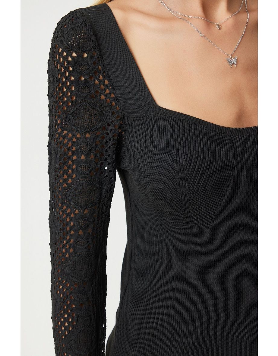 Women's Black Heart Neck Openwork Knitwear Blouse - 5