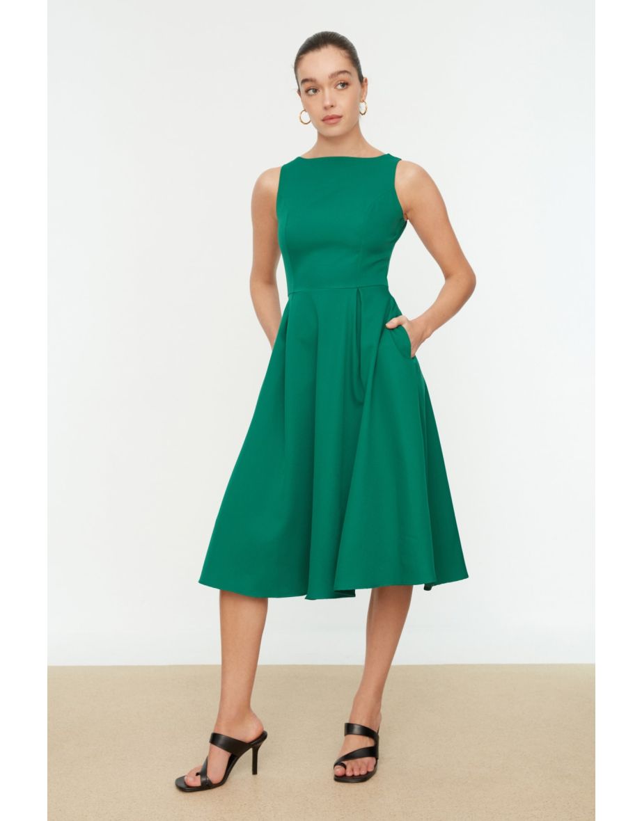 Green A-Line Midi Evening Dress