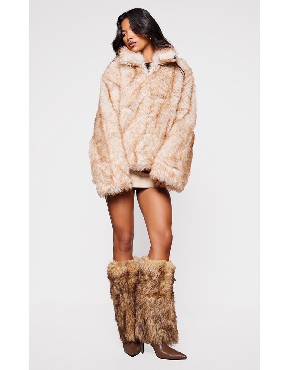 Brown Pu Faux Fur Fold Over Stiletto Heeled Boots