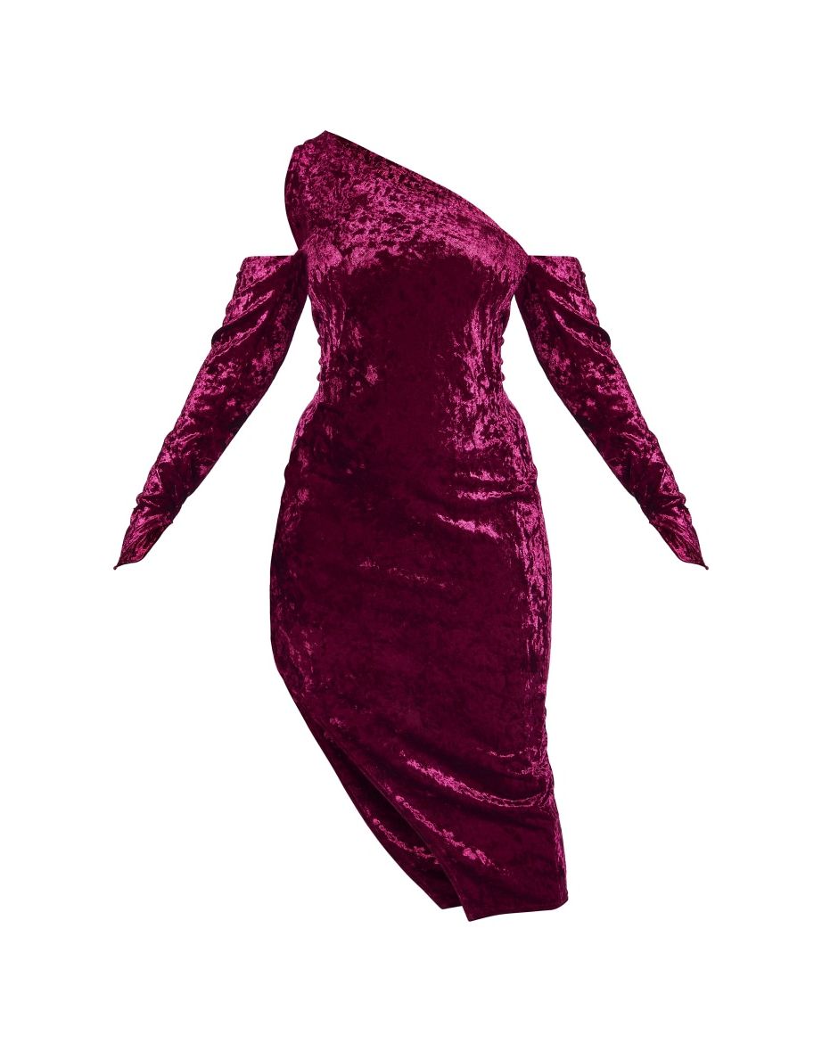 Plus Red Crushed Velvet Asymmetric Midi Dress - 4