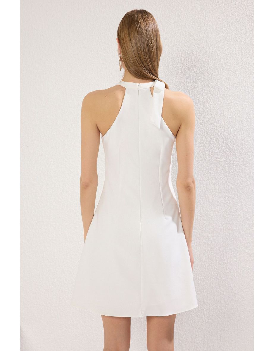 White Plain Skirt with Tie Detail Opening at Waist Mini Woven Dress - 3