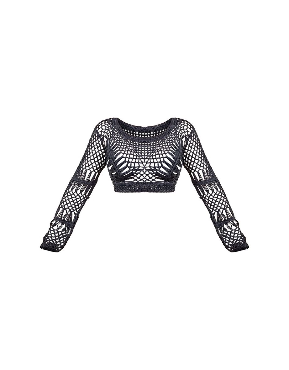 Petite Black Crochet Long Sleeve Crop Top - 3
