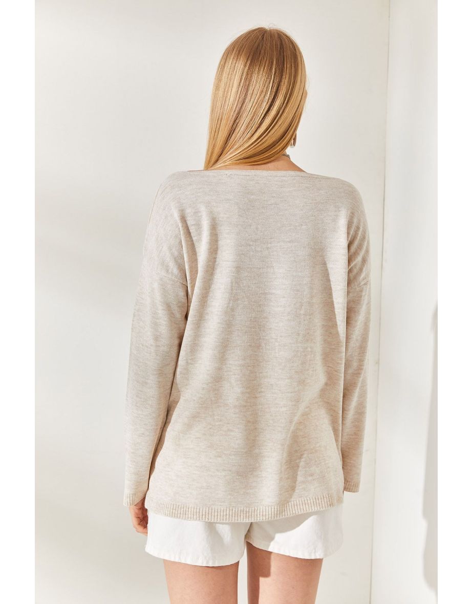 Stone V Neck Loose Knitwear Blouse - 5