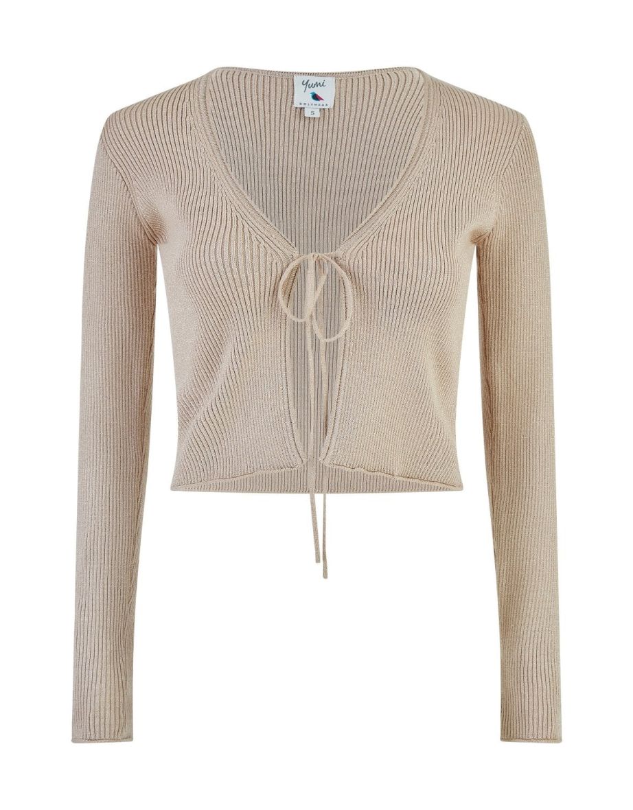 Yumi Gold Metallic Knitted Ribbed Tie Front Bolero - 5