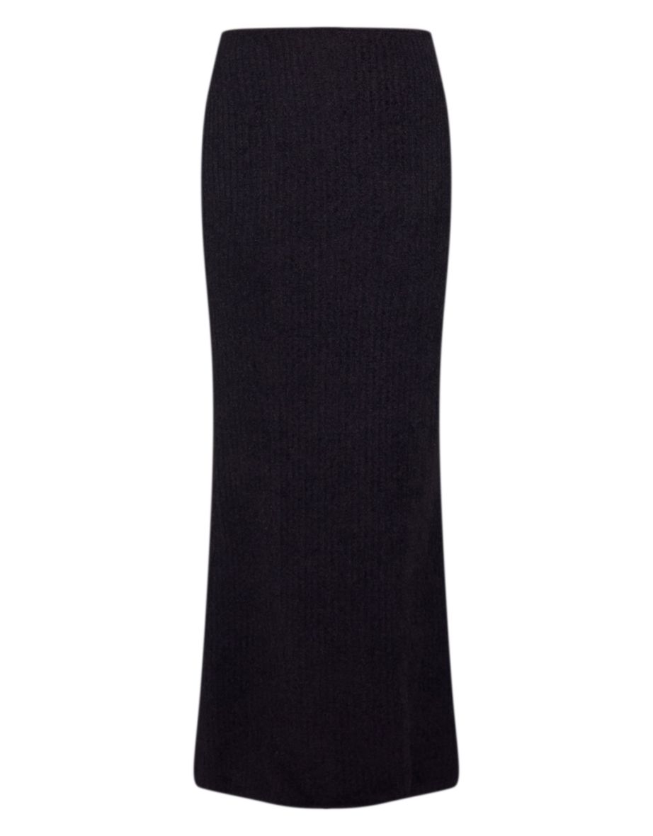 Black Textured Soft Rib Mid Rise Maxi Skirt - 4