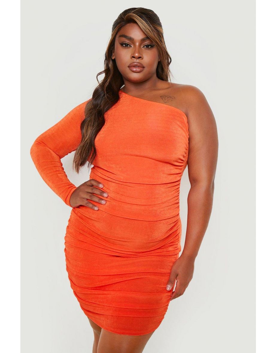 Plus Acetate Slinky Ruched Bodycon Dress - orange - 3