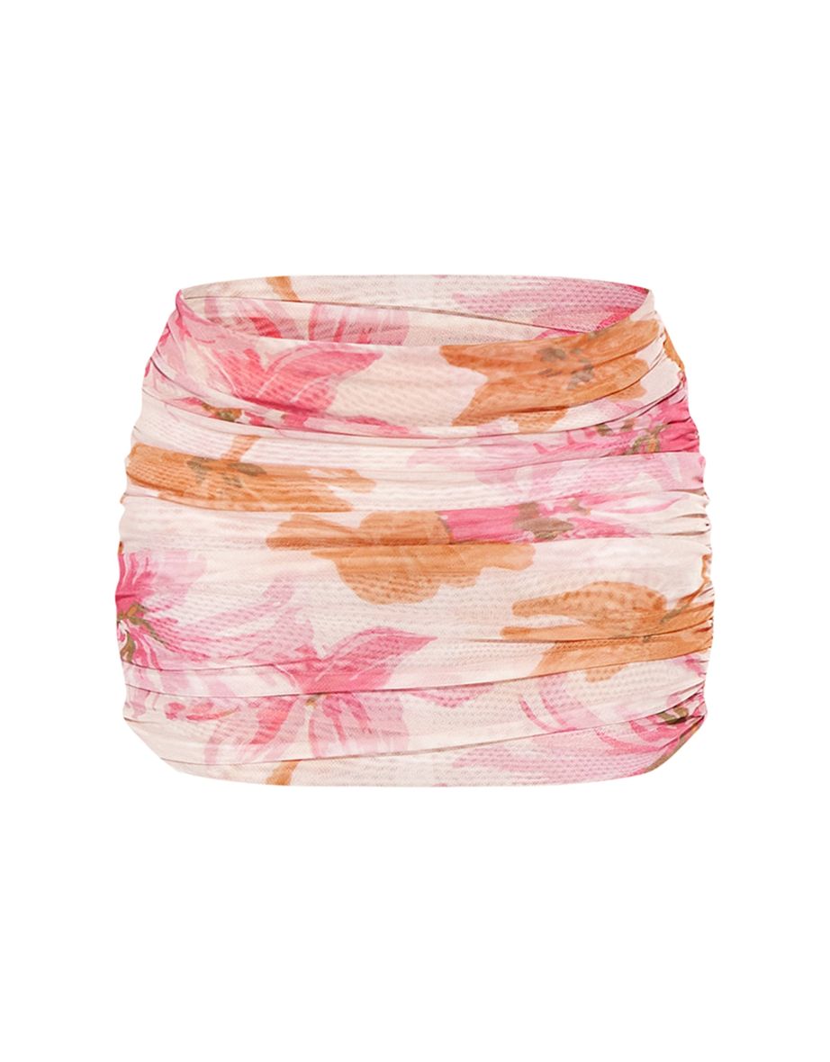 Pink Printed Mesh Ruched Micro Mini Skirt - 5