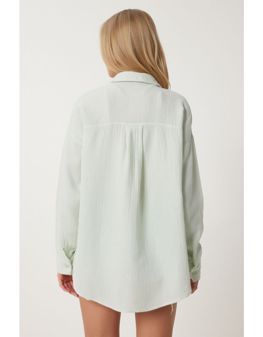 Women's Aqua Green Oversize Basic Muslin Shirt - 5