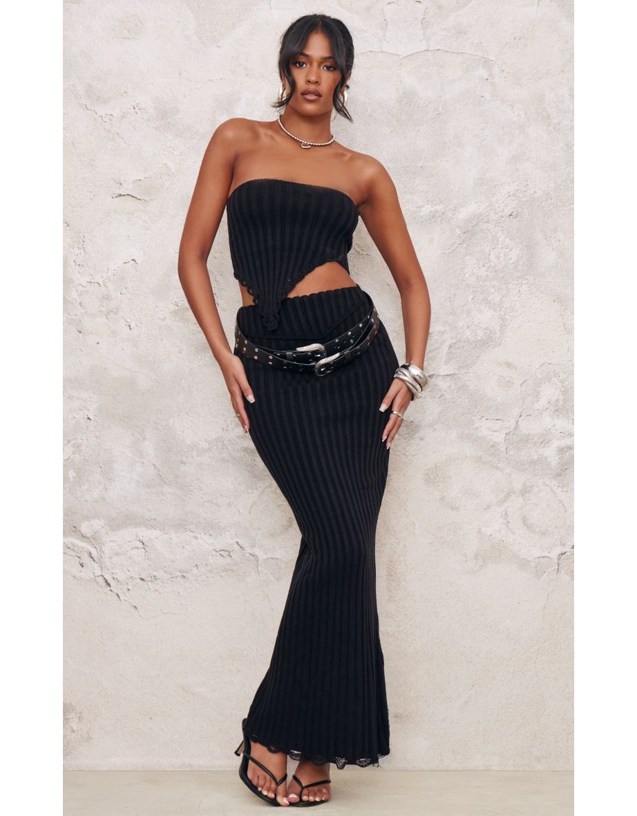 Tall Black Distressed Knit Bandeau Top