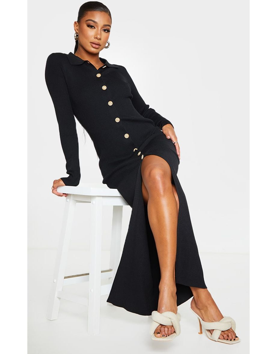 Black Ribbed Button Up Knitted Maxi Dress