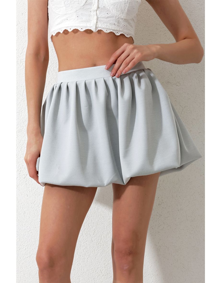 Women's Gray Elastic Waist Pleated Balloon Skirt - 5