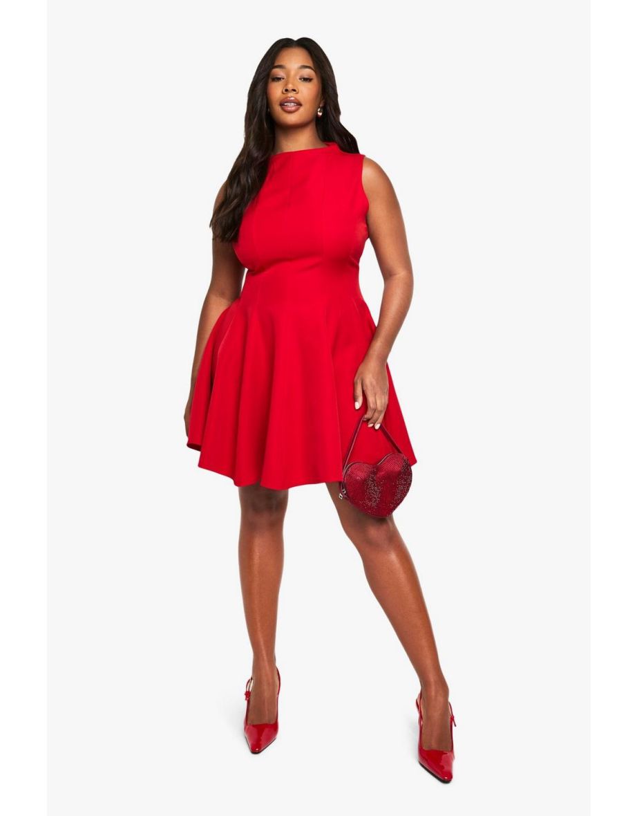 plus  panelled mini skater dress - red
