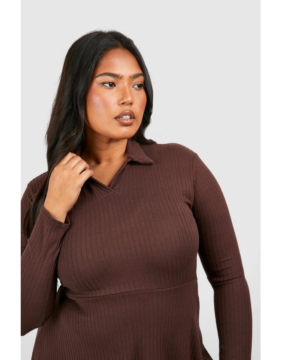 Plus Wide Soft Rib Collar Skater Dress - chocolate - 3