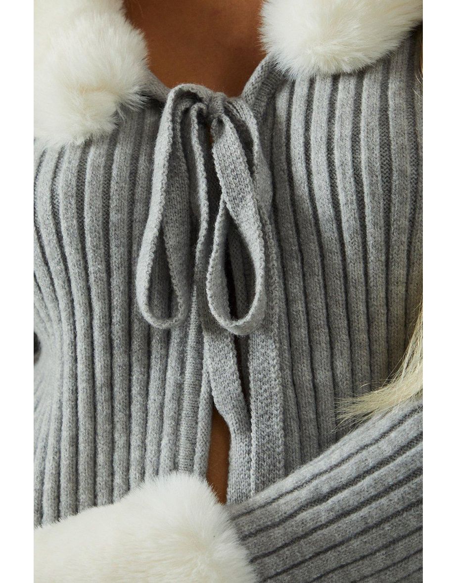Knitted Rib Fur Trim Tie Detail Front Jumper - 3