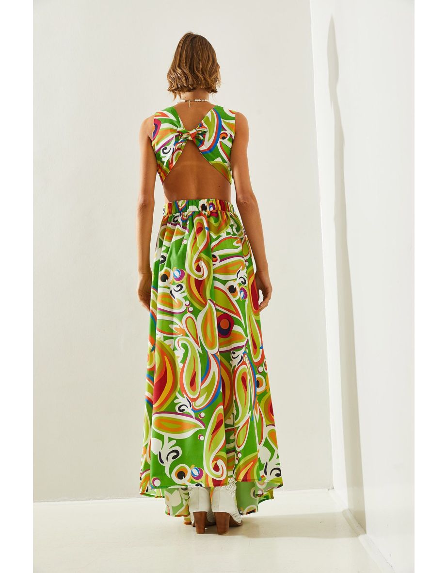 Women's Backless Kilos Cut Halter Neck Patterned Slit Detail Dress - 6