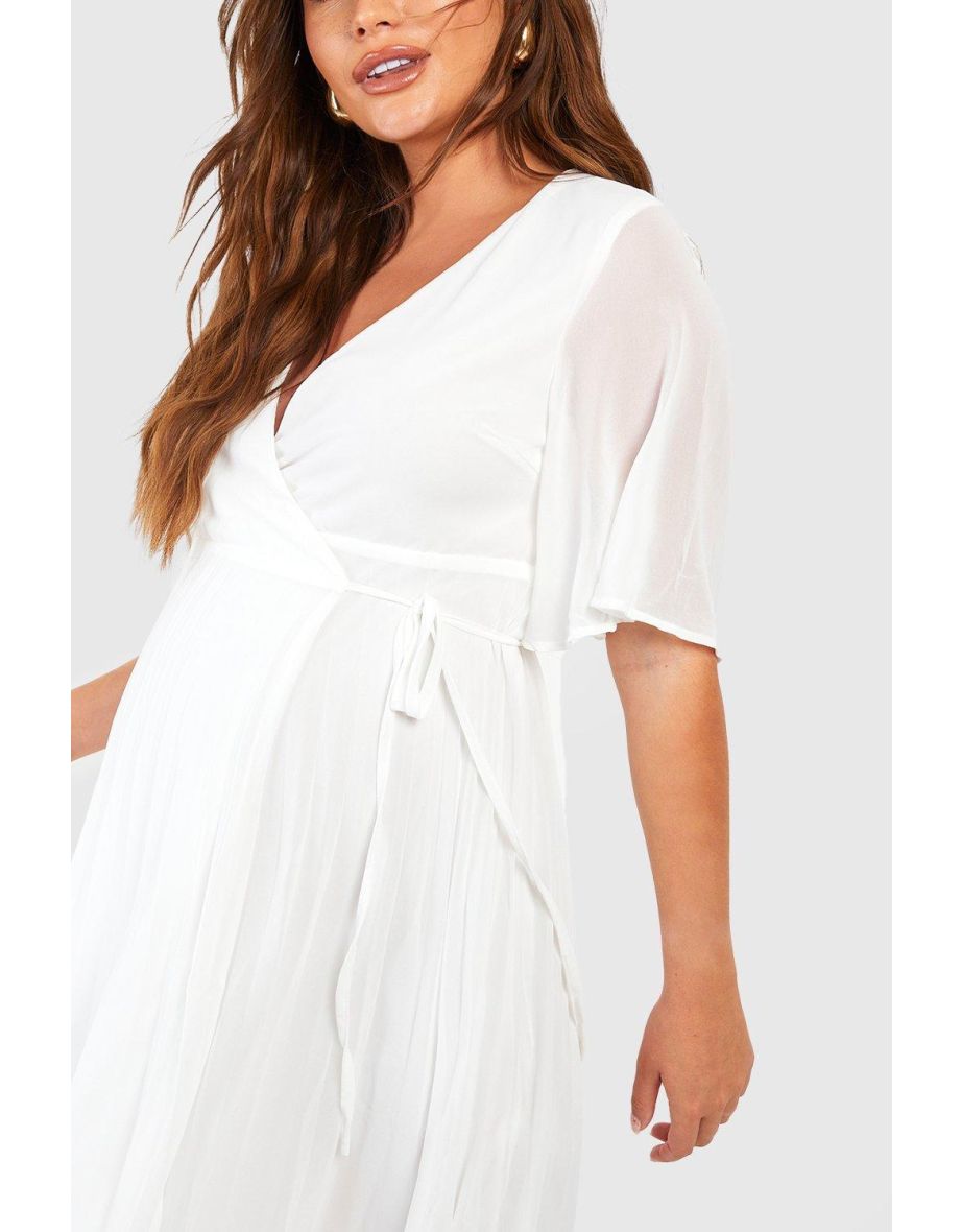 Maternity Pleated Wrap Midi Skater Dress - white - 3