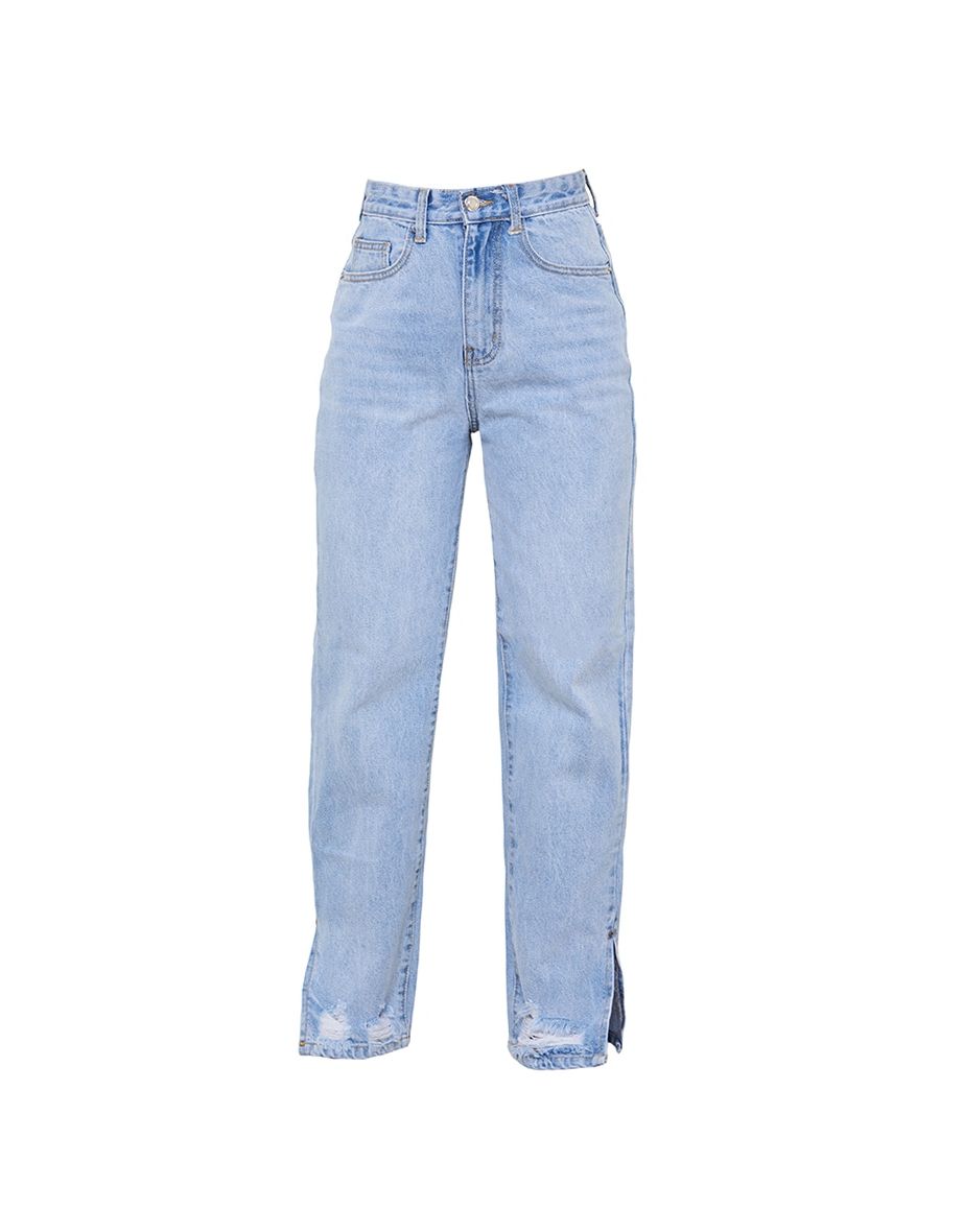 Petite Light Blue Wash Ripped Split Hem Straight Leg Jeans - 4