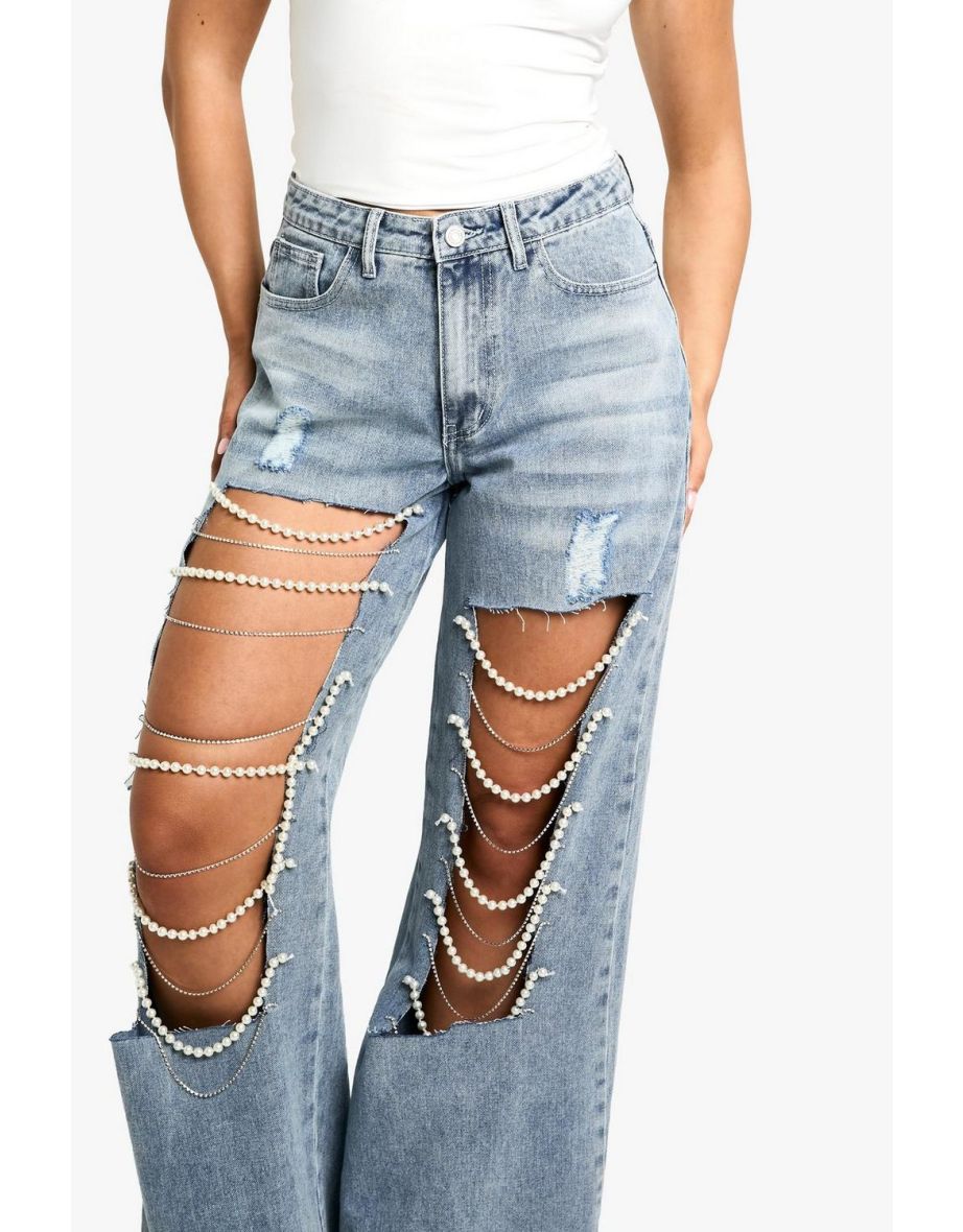 Pearl Trim Super Wide Leg Jeans - light wash - 3