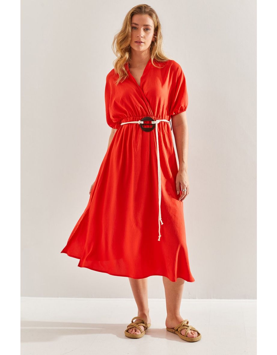 Red A-Line Midi Skater Dress with Short Sleeves