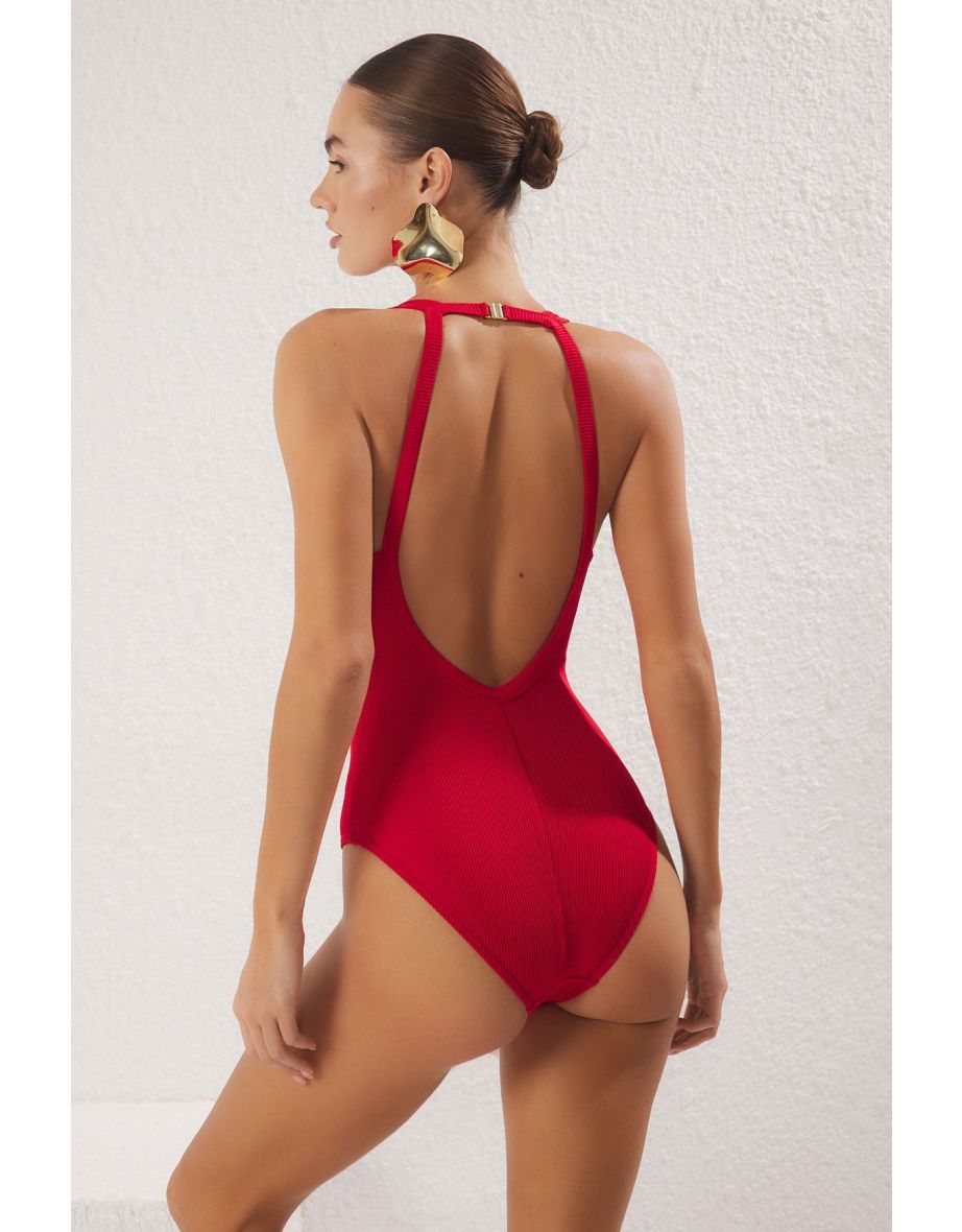 Red Halter Neck Accessory Textured Snap Fastener Brazilian Swimsuit - 3