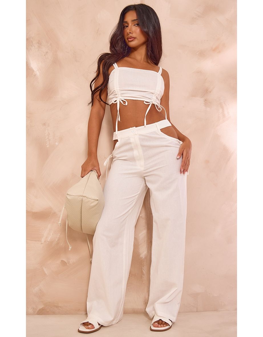 Shop Petite White Faux Linen Cut Out Side Wide Leg Trousers Online in Bahrain VogaCloset