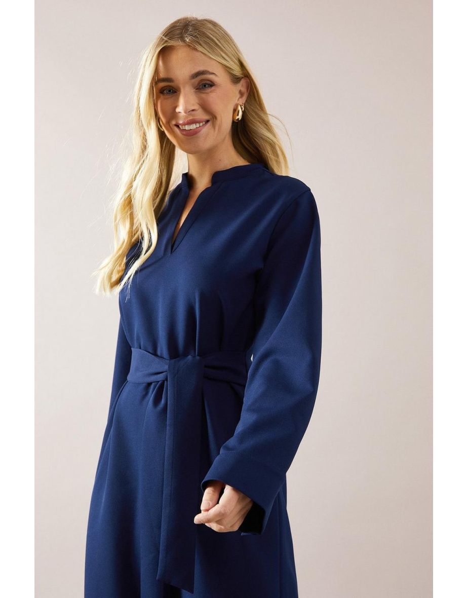 Petite Collared Long Sleeve Tie Waist Midi Dress - 3