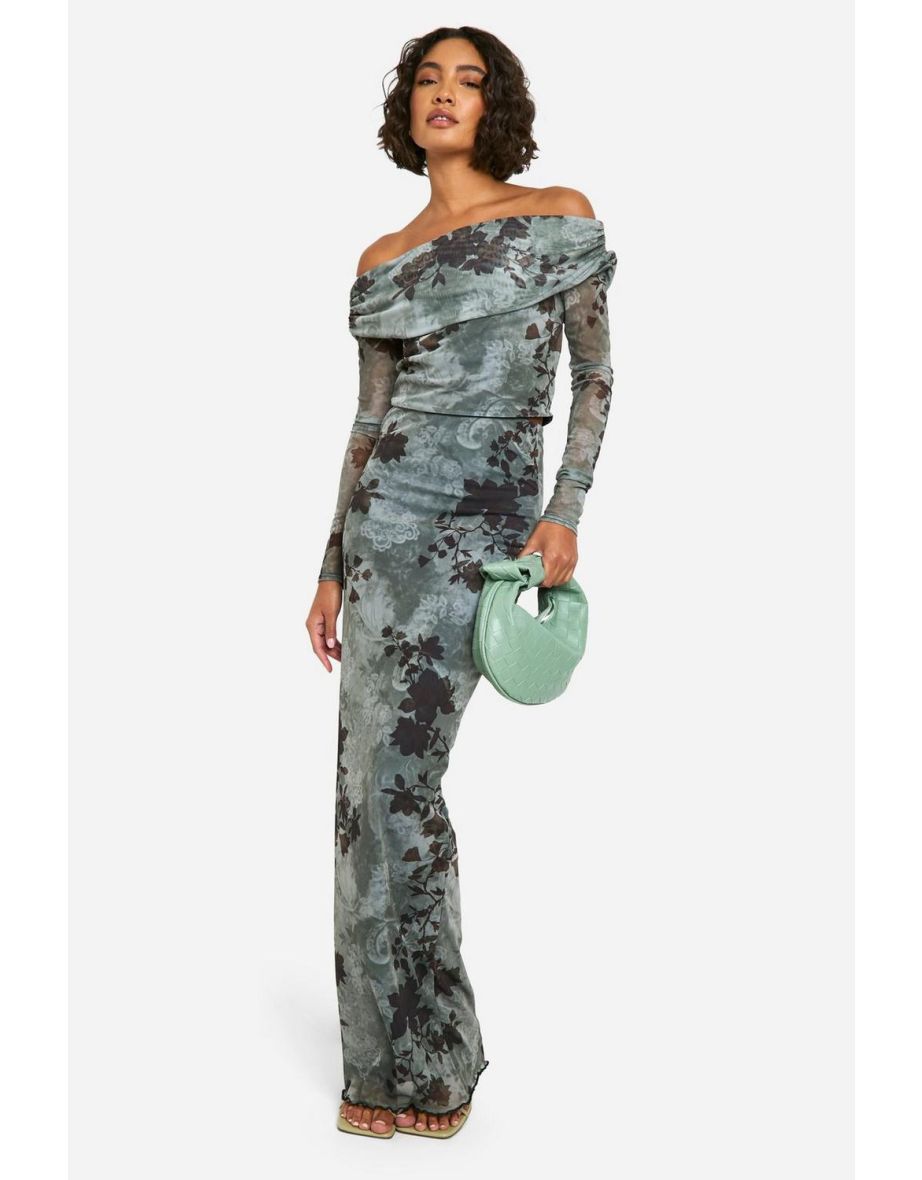 Tall Washed Floral Mesh Bardot and Maxi Skirt Co-ord - charcoal