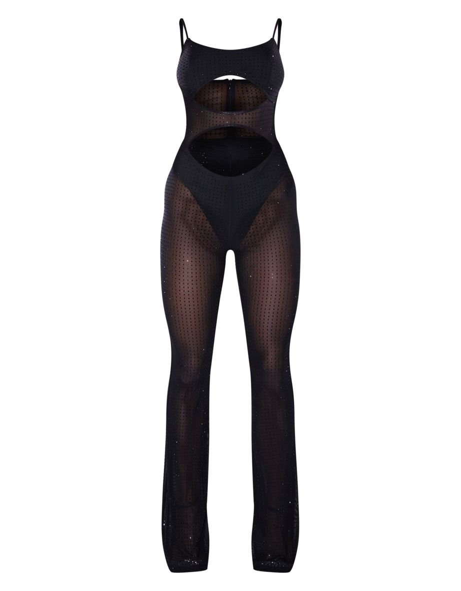 Black Diamante Hot Fix Mesh Cut Out Strappy Jumpsuit - 3
