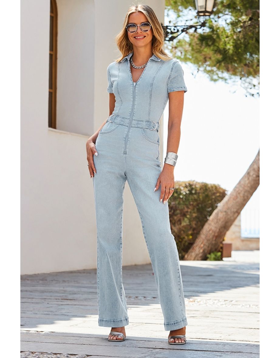 Light Wash Sculpting Wide Leg Denim Jumpsuit