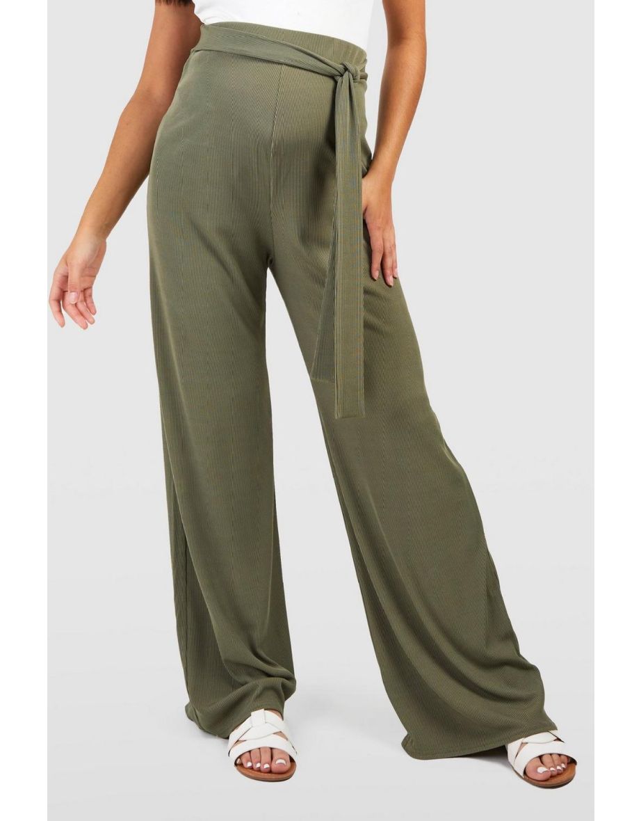 Maternity Rib Belted Wide Leg Trouser - khaki - 3