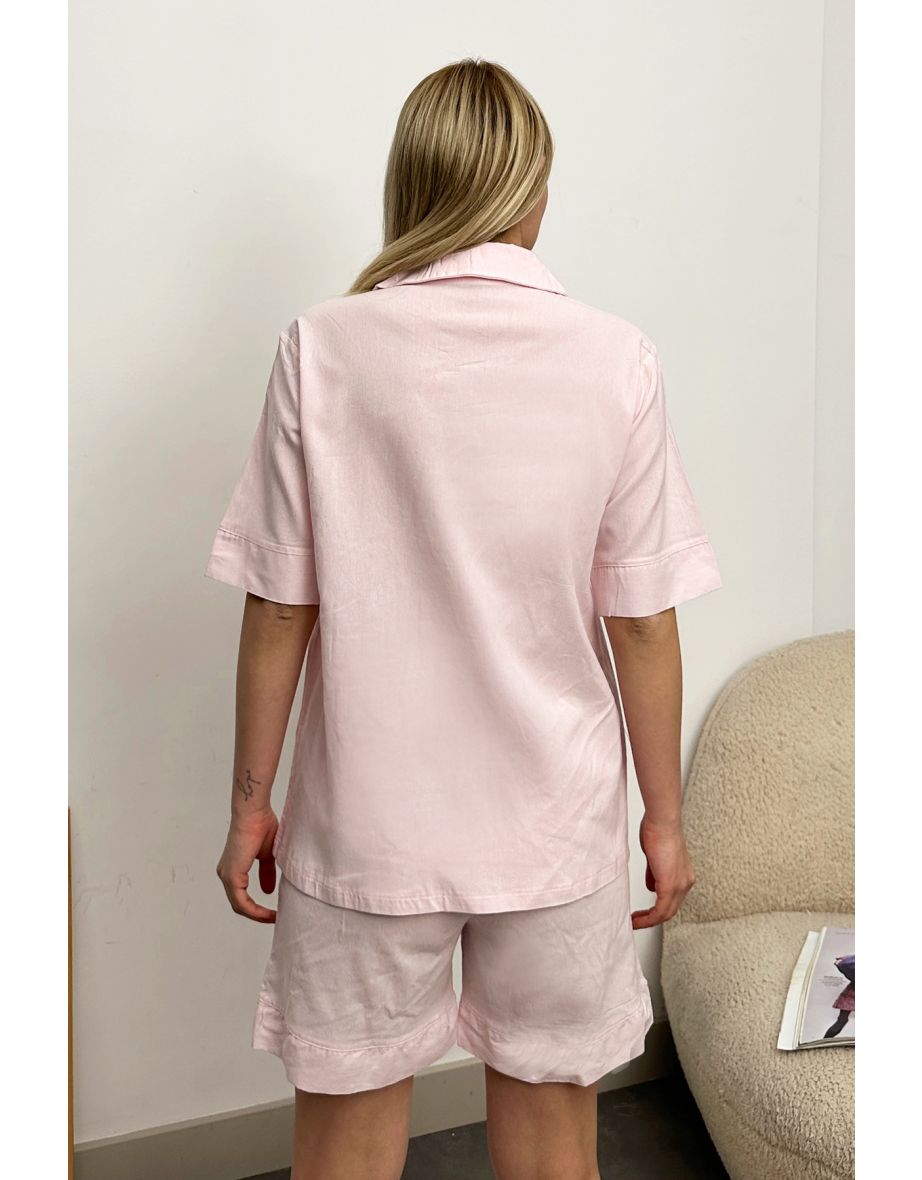 Women's Dust Pink Single Pocket Shorts Woven Pajamas Suit - 5