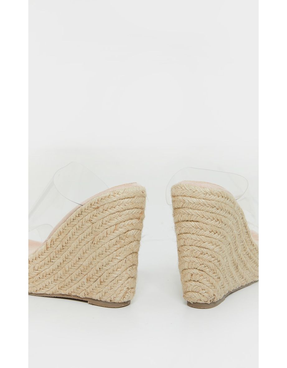 Nude Twin Strap Clear Mule Espadrille Wedges - 2
