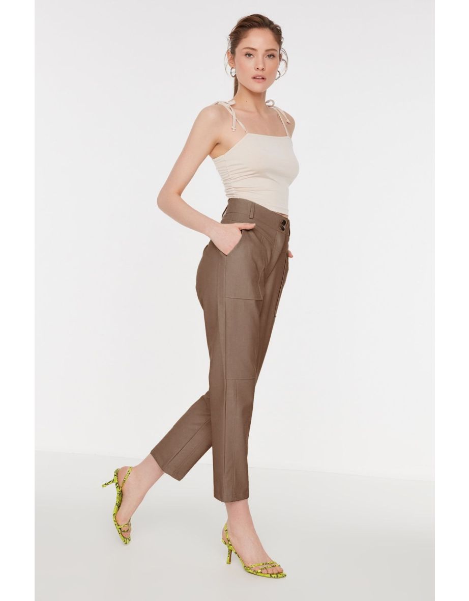 Light Brown Cigarette Woven Faux Leather Trousers - 3