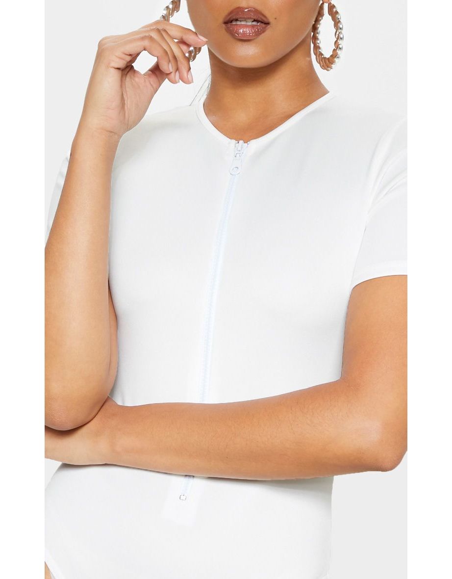 White Neoprene Zip Up Short Sleeve Bodysuit - 4