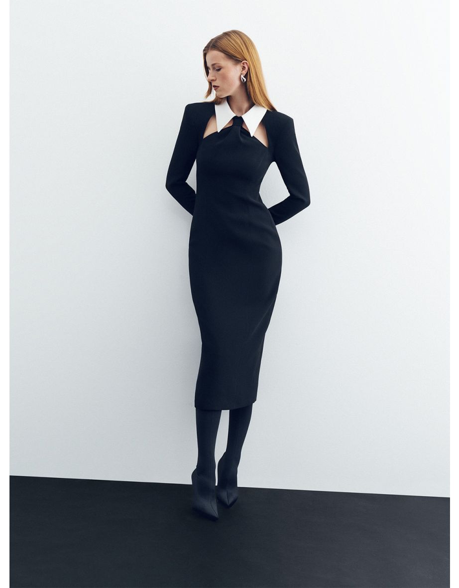 Padded Tie Collar Midi Dress - 5