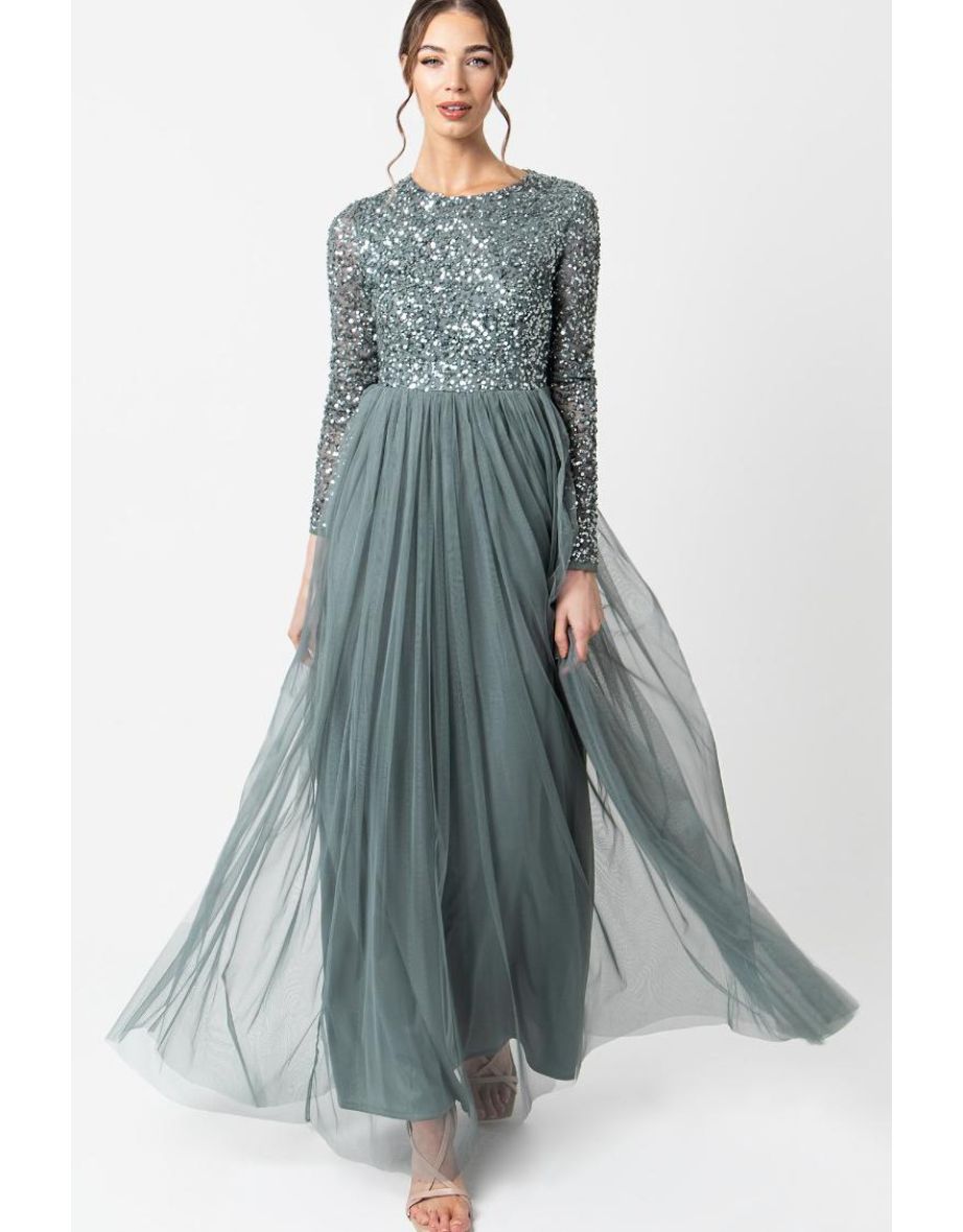 Maya Misty Green Embellished Long Sleeve Maxi Dress