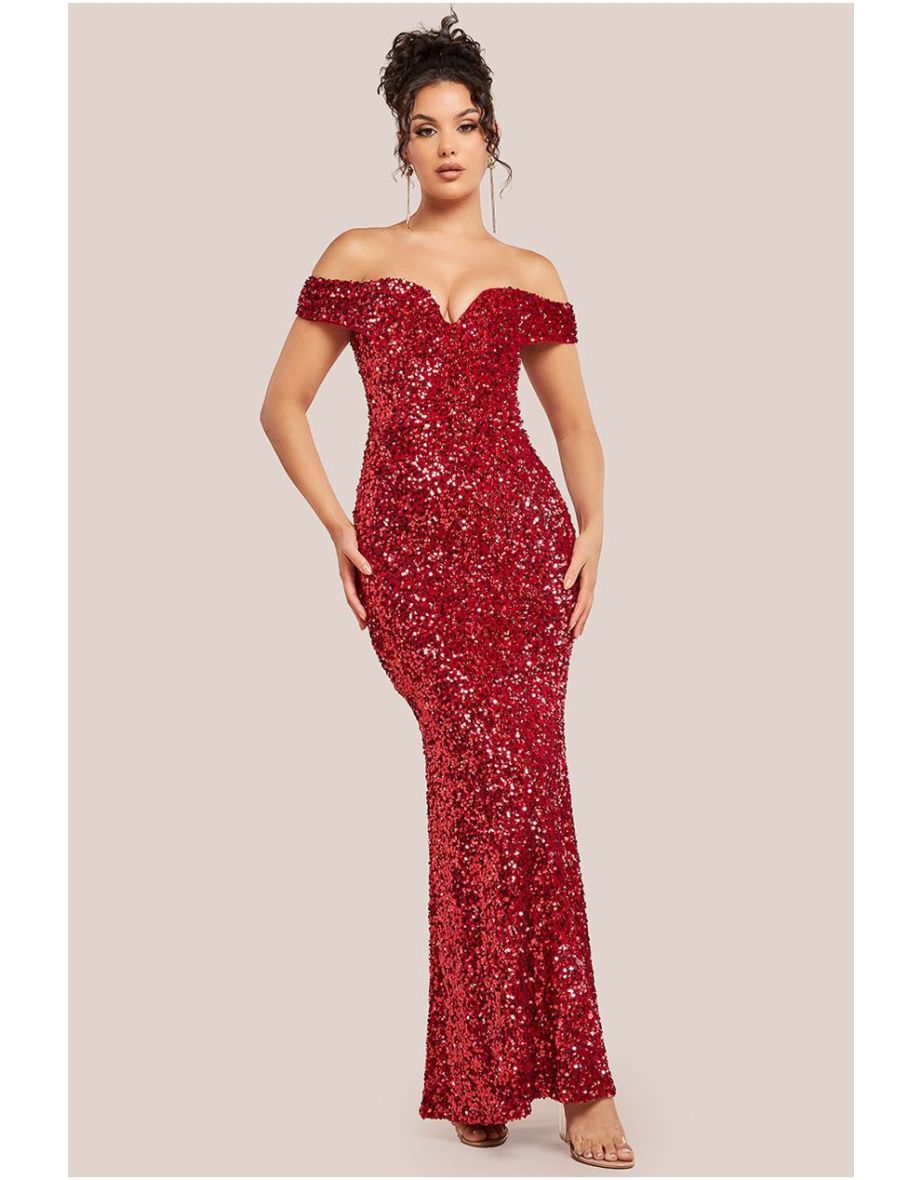 Goddiva Sequin Velvet Bardot Evening Maxi Dress - Red
