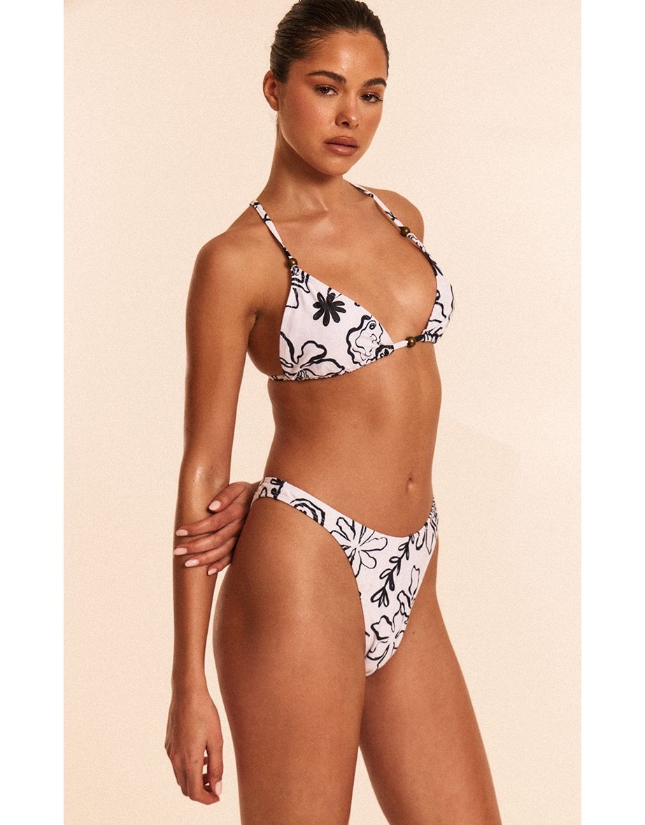White Monochrome Floral Bead Detail Triangle Bikini Top
