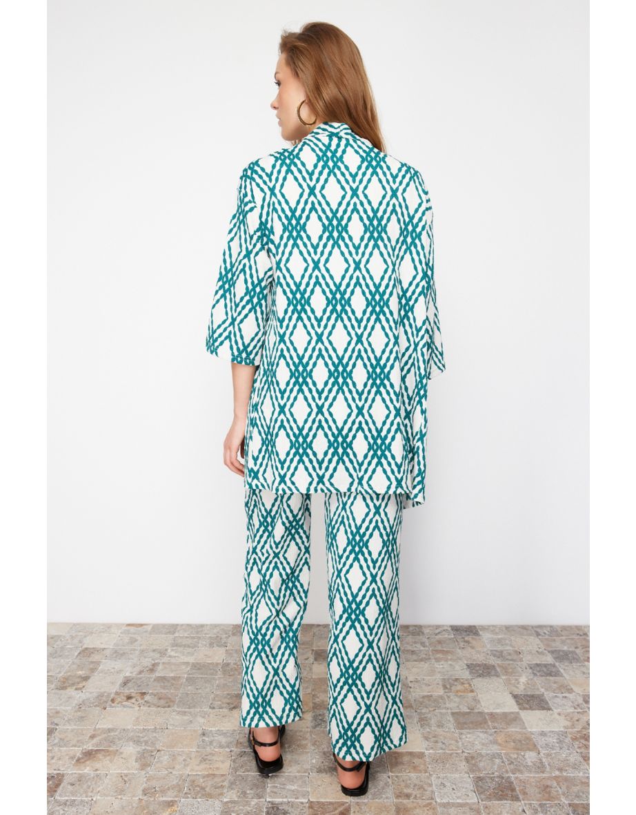Green Printed Comfort Cut Flexible Kimono Knitted Two Piece Set - 5