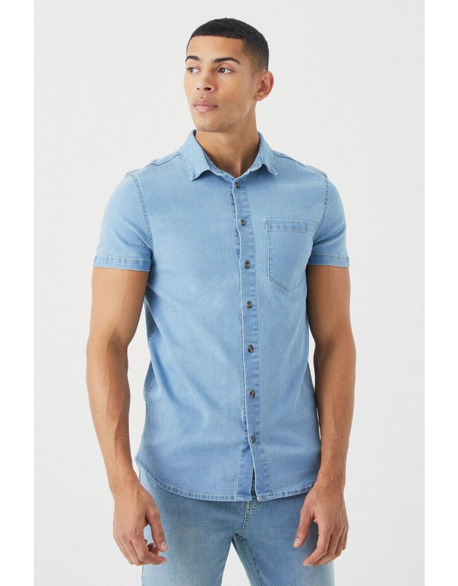 Short Sleeve Muscle Fit Denim Shirt - light blue