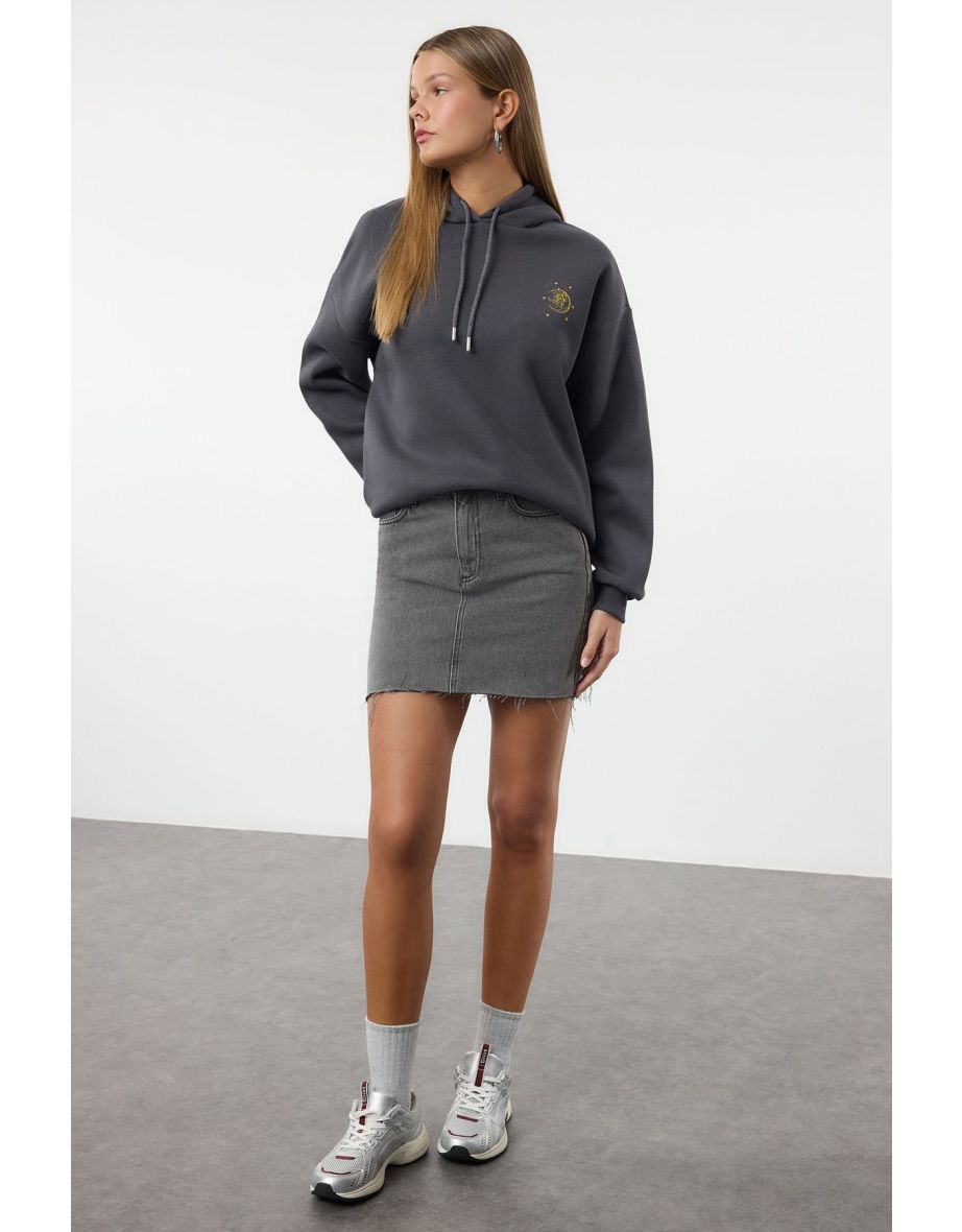 Anthracite Thick Fleece Hooded Printed Oversize/Wide Fit Knitted Sweatshirt