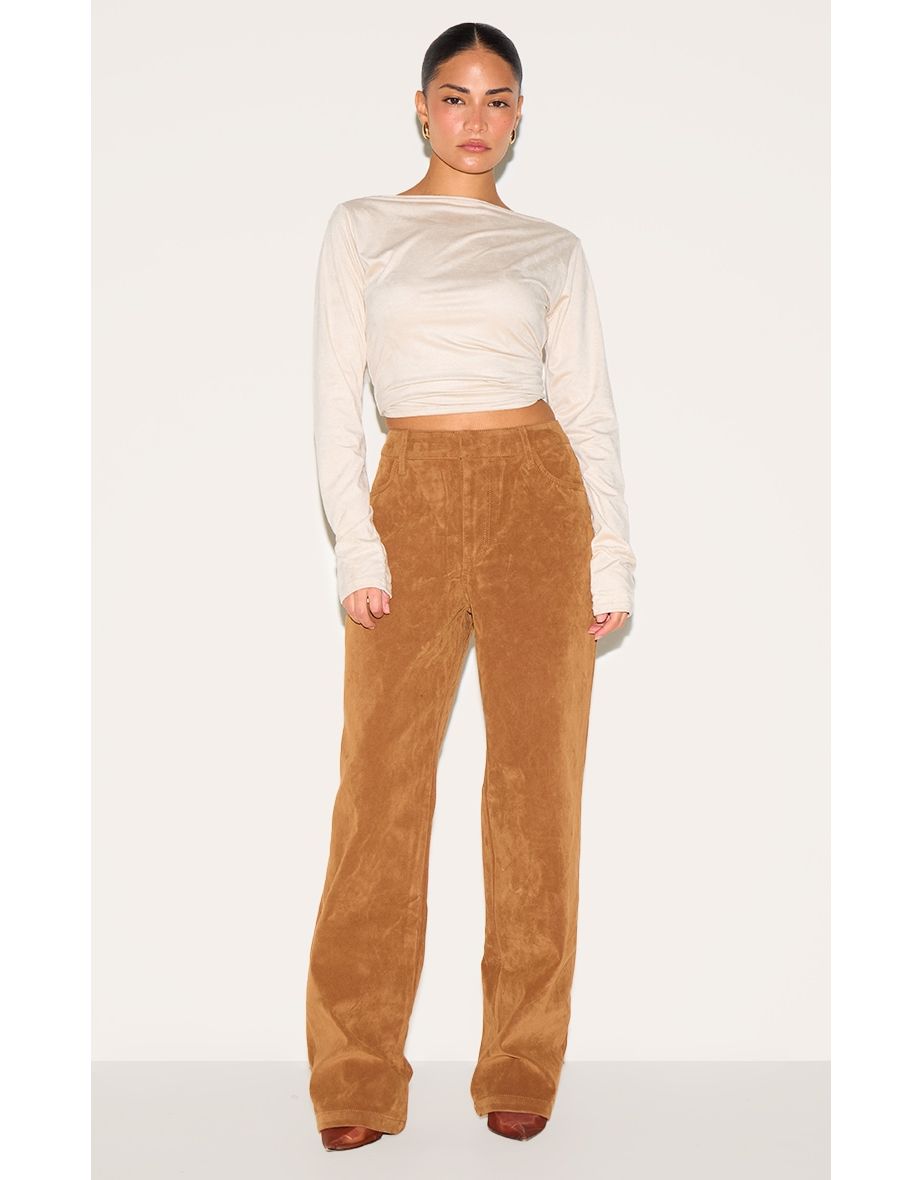 Petite Deep Tan Faux Suede Mid Rise Straight Leg Trousers