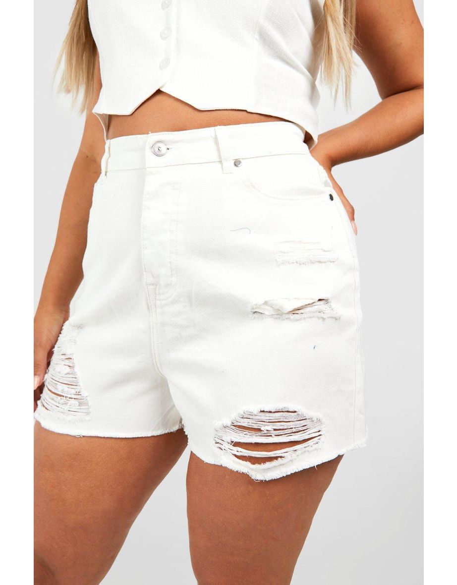 Plus Ripped Hem Denim Shorts - white - 3