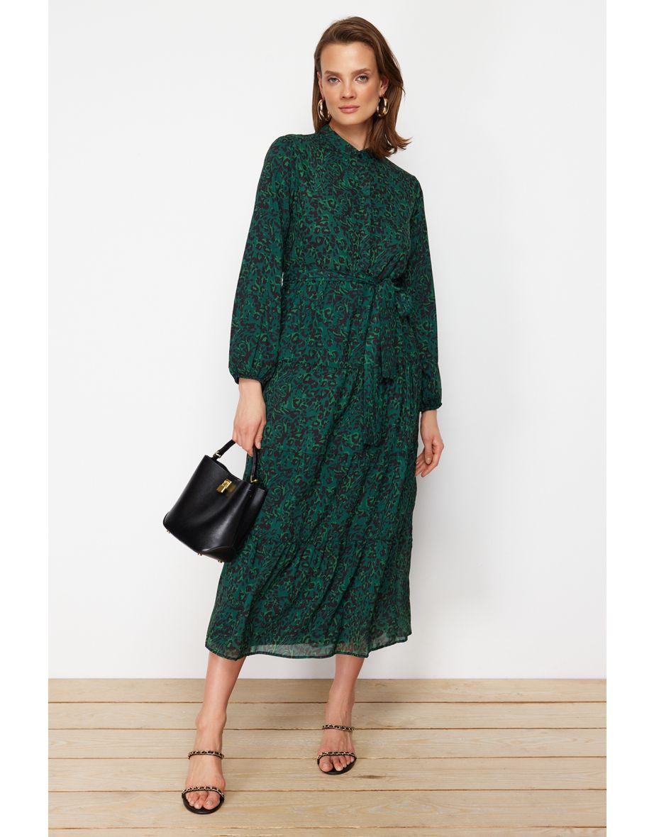 Green Chiffon Column Midaxi Smock Dress with Long Sleeves