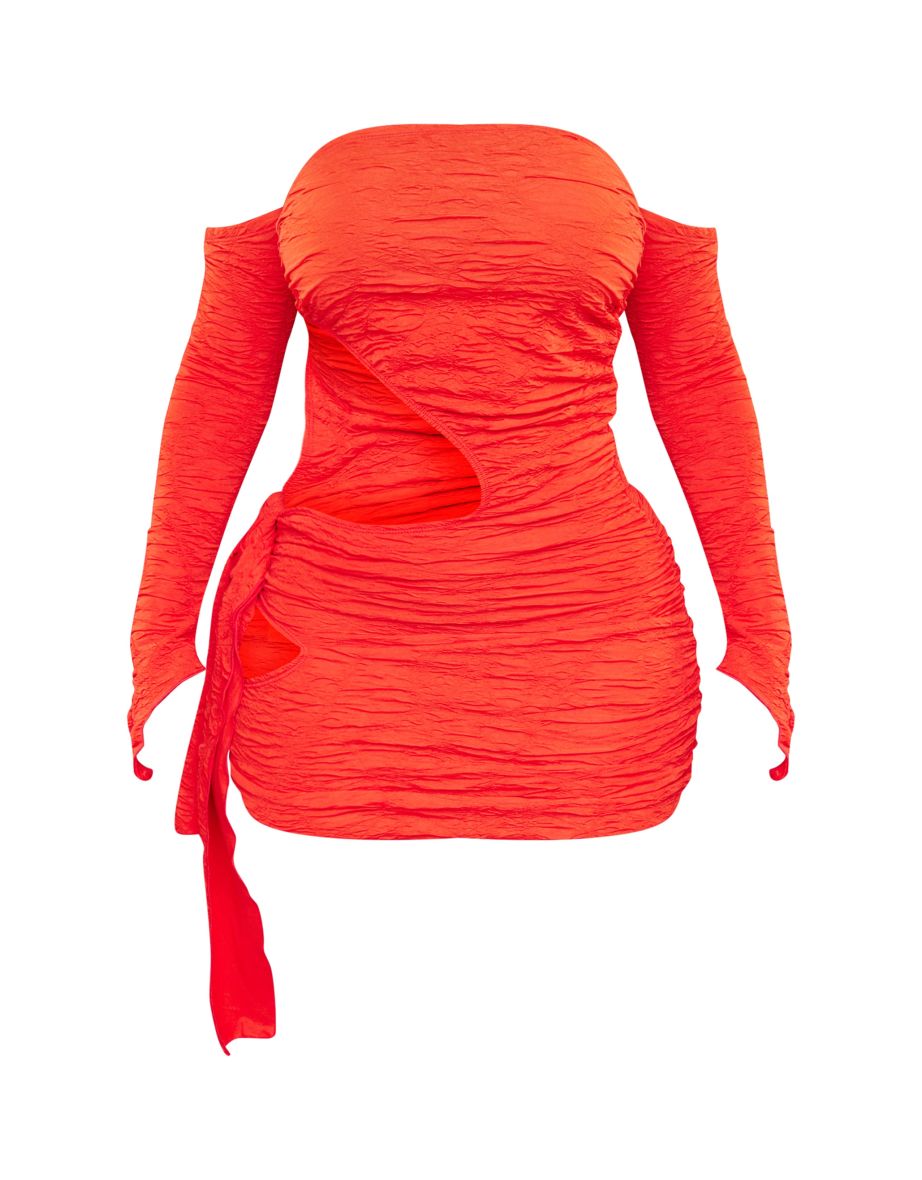 Shape Red Textured Bardot Knot Side Bodycon Dress - 4